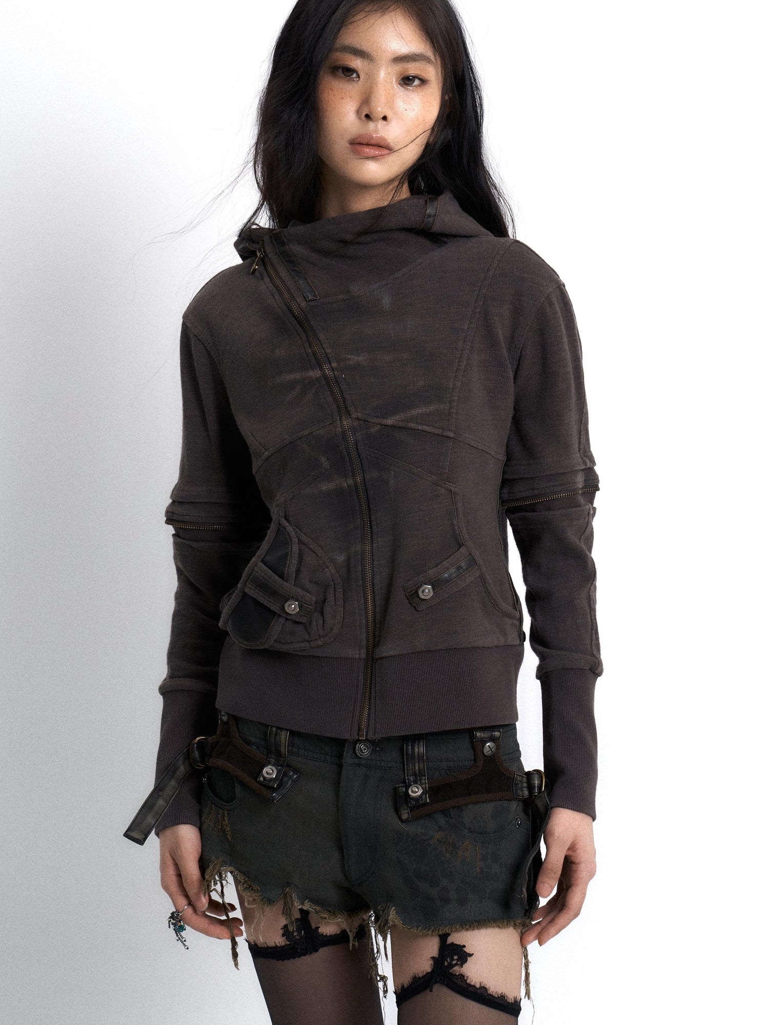 Update OPEN AESTHETIC Vintage Washed Hooded Print Sweatshirt Jacket