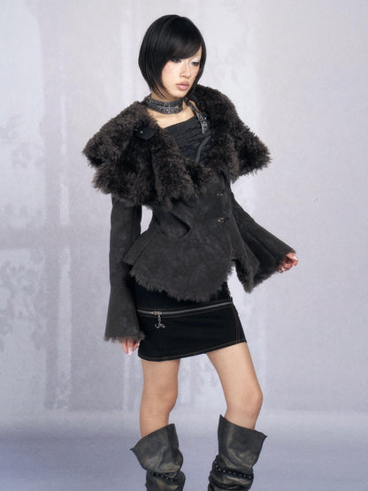 OPEN AESTHETIC Warm Faux Fur Lined Boxy Gothic Lapel Long Sleeve Women Black Purple Jacket