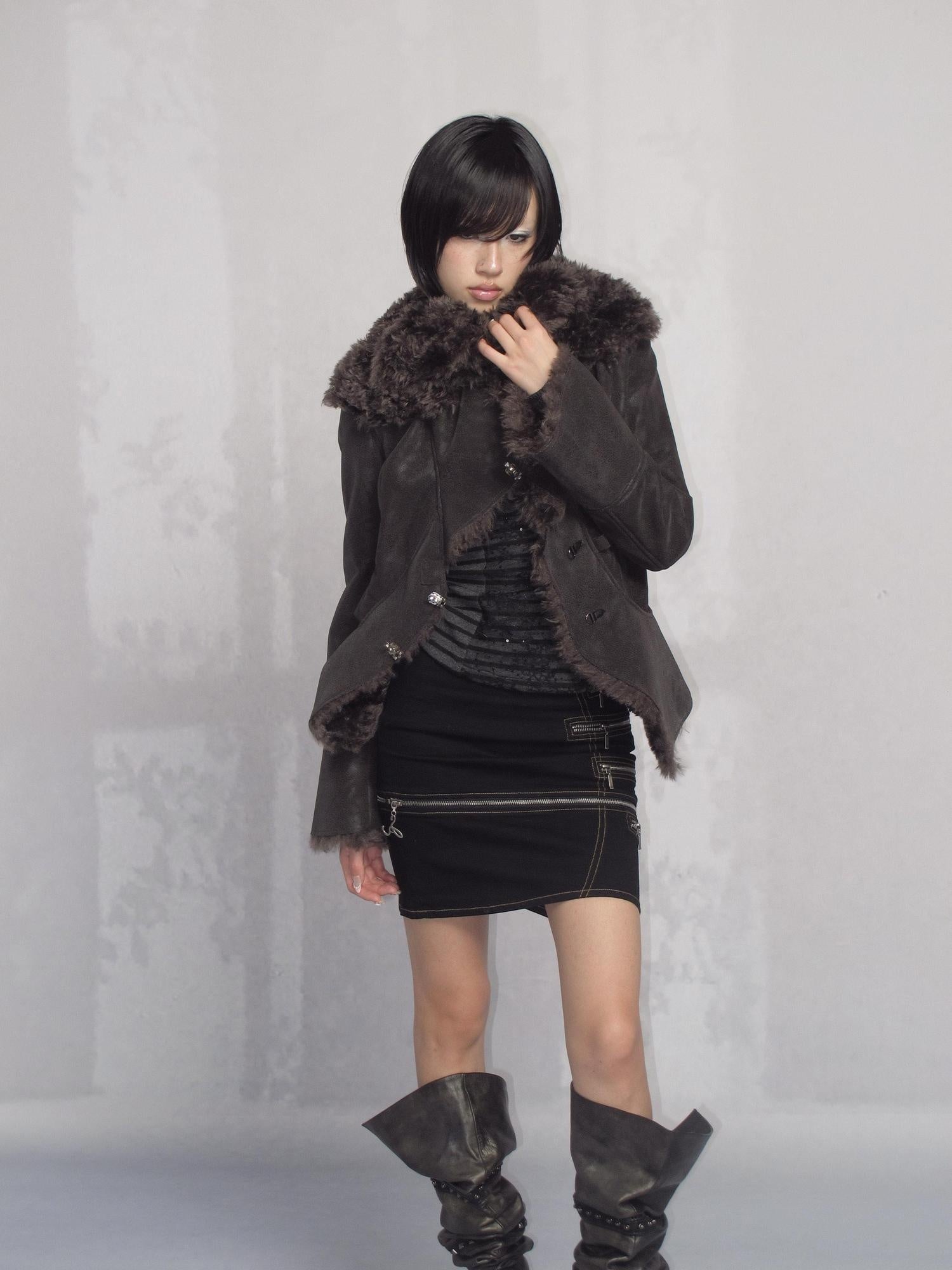 OPEN AESTHETIC Warm Faux Fur Lined Boxy Gothic Lapel Long Sleeve Women Black Purple Jacket