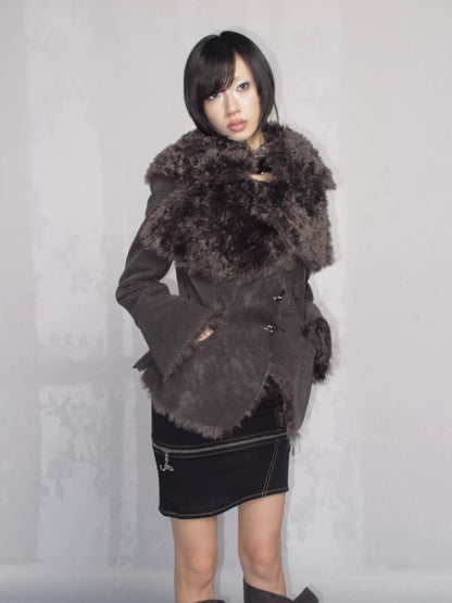 OPEN AESTHETIC Warm Faux Fur Lined Boxy Gothic Lapel Long Sleeve Women Black Purple Jacket