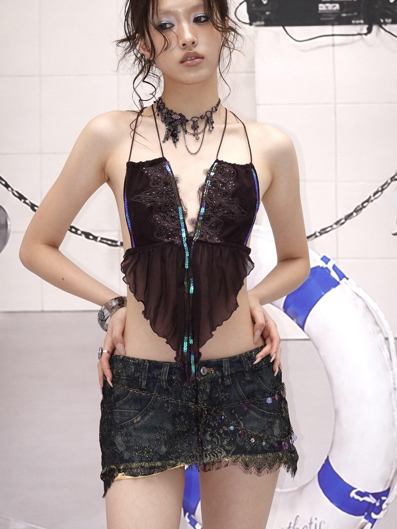 OPEN AESTHETIC Washed Distressed Frayed Lace Patchwork Low Waist Women&