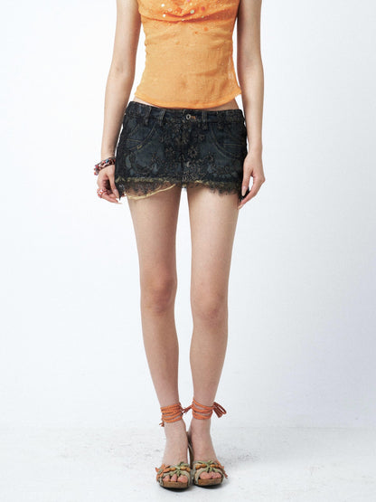OPEN AESTHETIC Washed Distressed Frayed Lace Patchwork Low Waist Women&