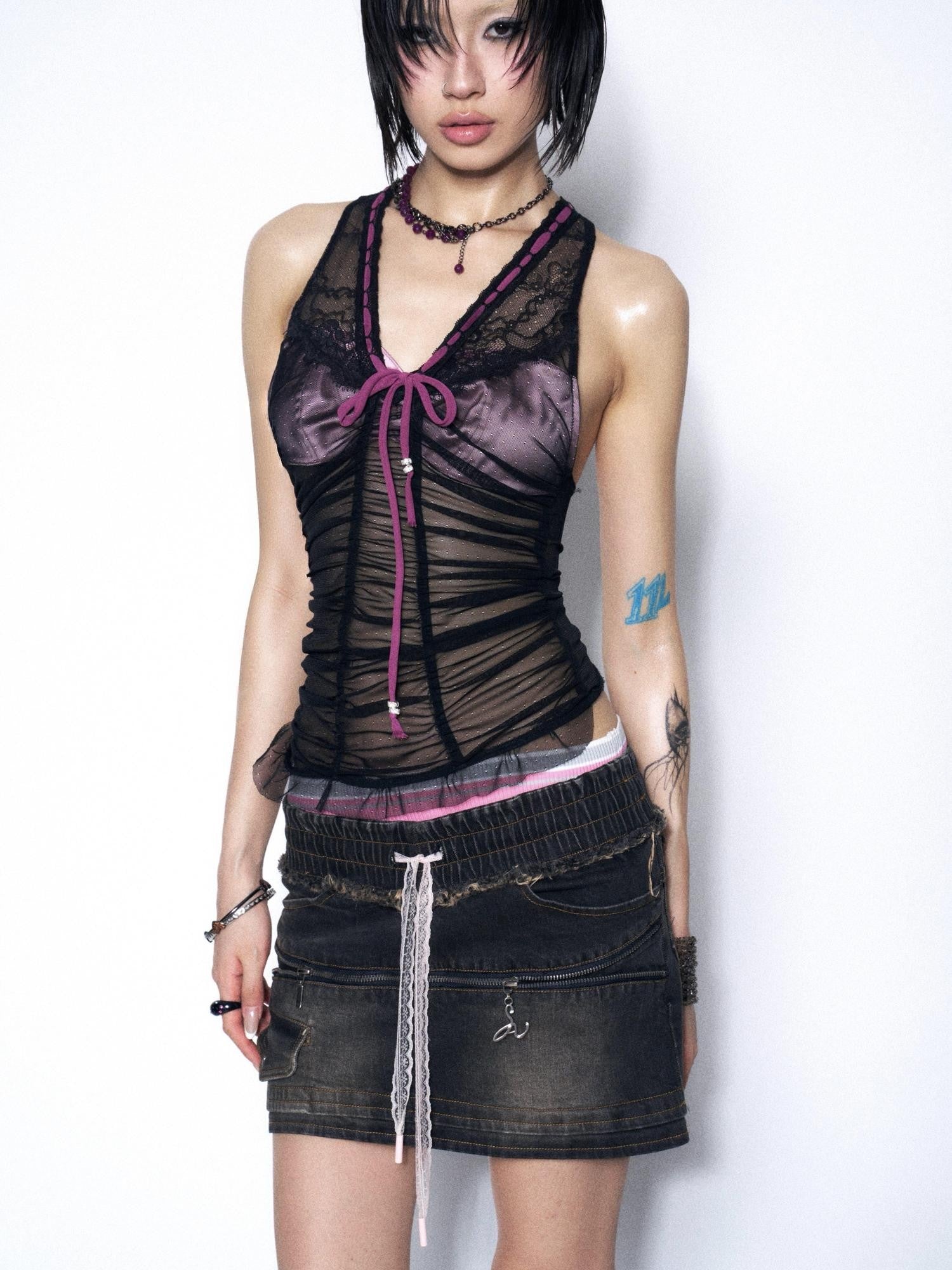 OPEN AESTHETIC Washed Distressed Ribbed Lace Drawstring High Waist Women&