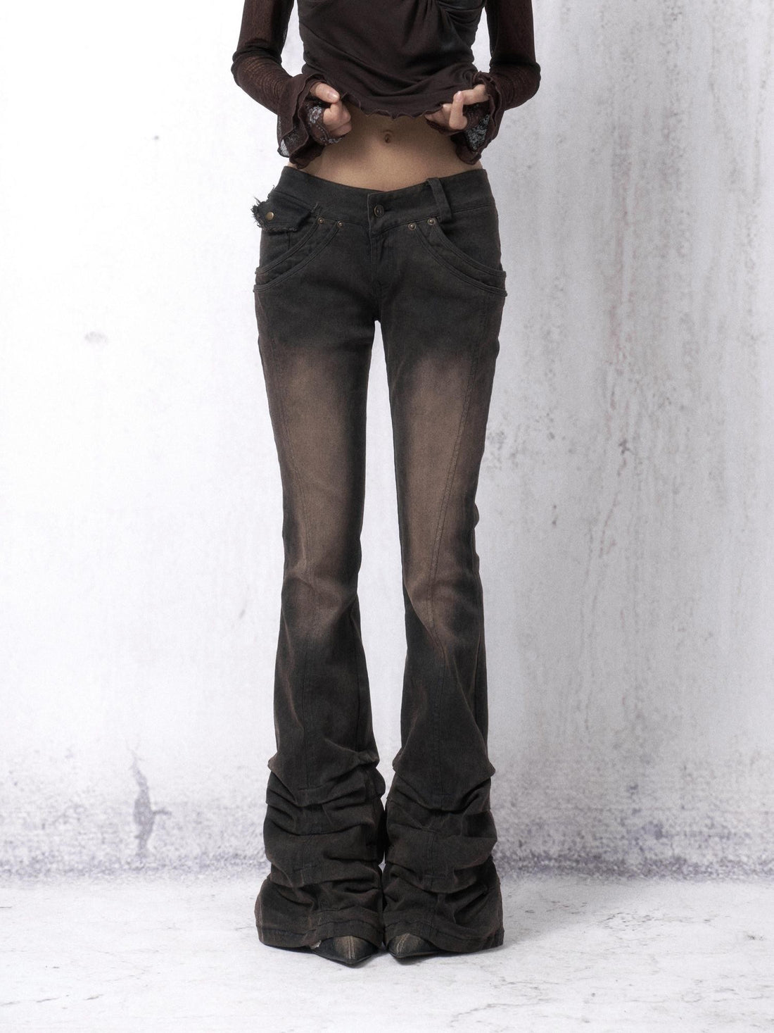 OPEN AESTHETIC Washed Distressed Stacked Pleat Hem Women&
