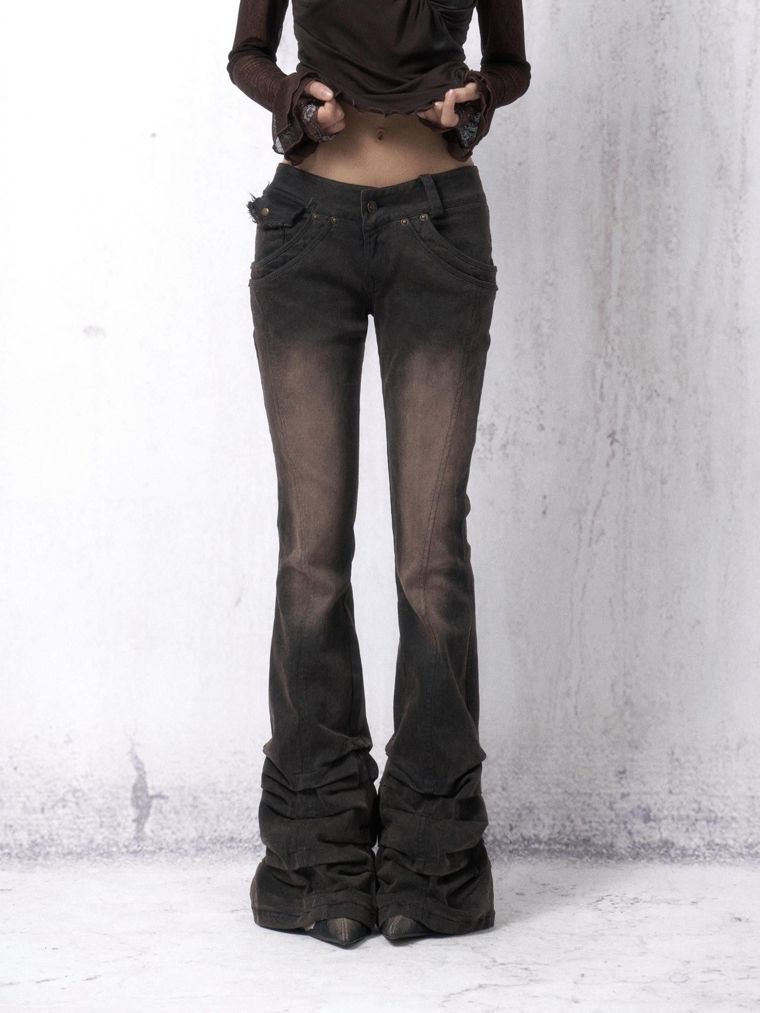 OPEN AESTHETIC Washed Distressed Stacked Pleat Hem Women&