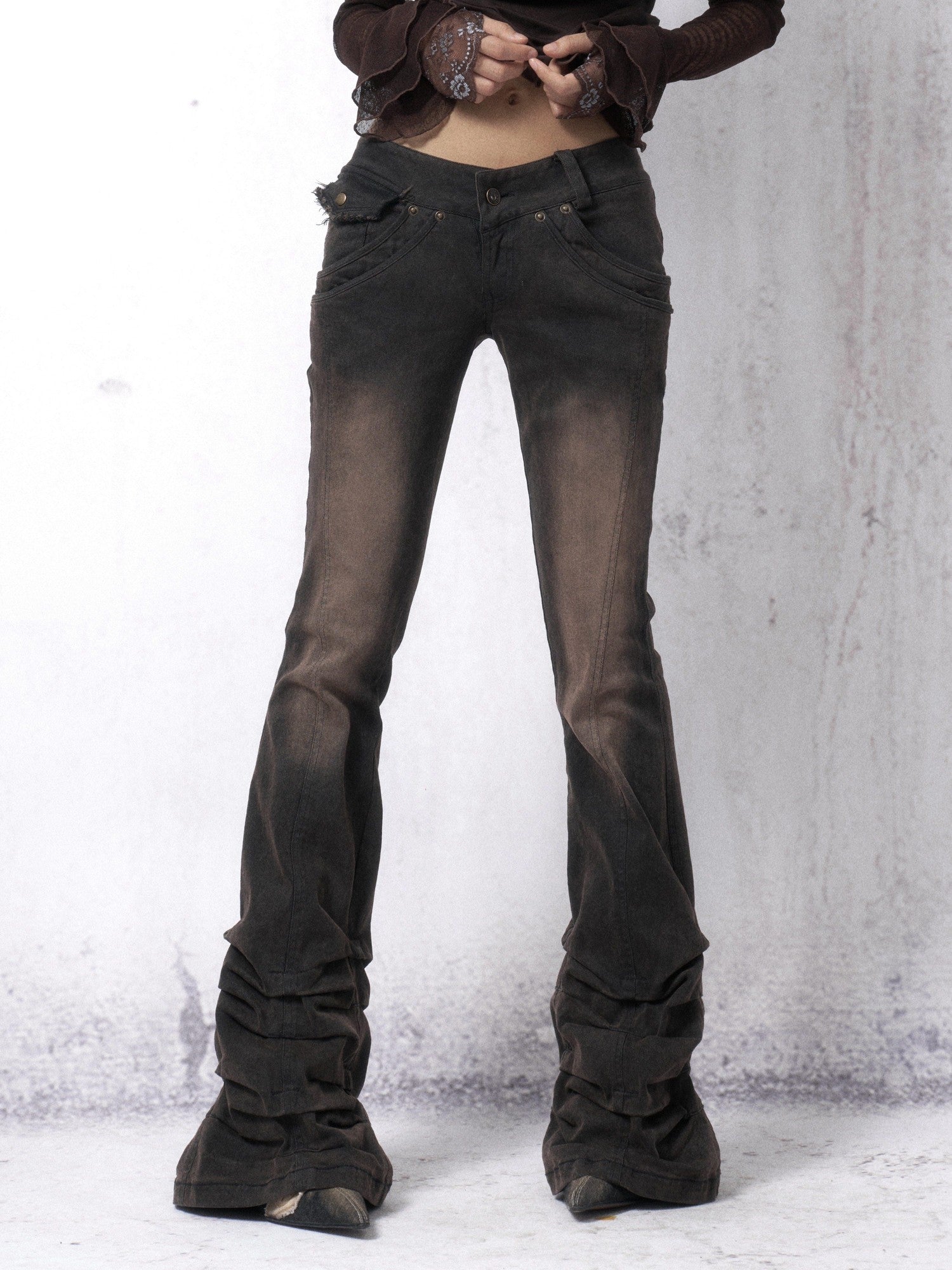 OPEN AESTHETIC Washed Distressed Stacked Pleat Hem Women&