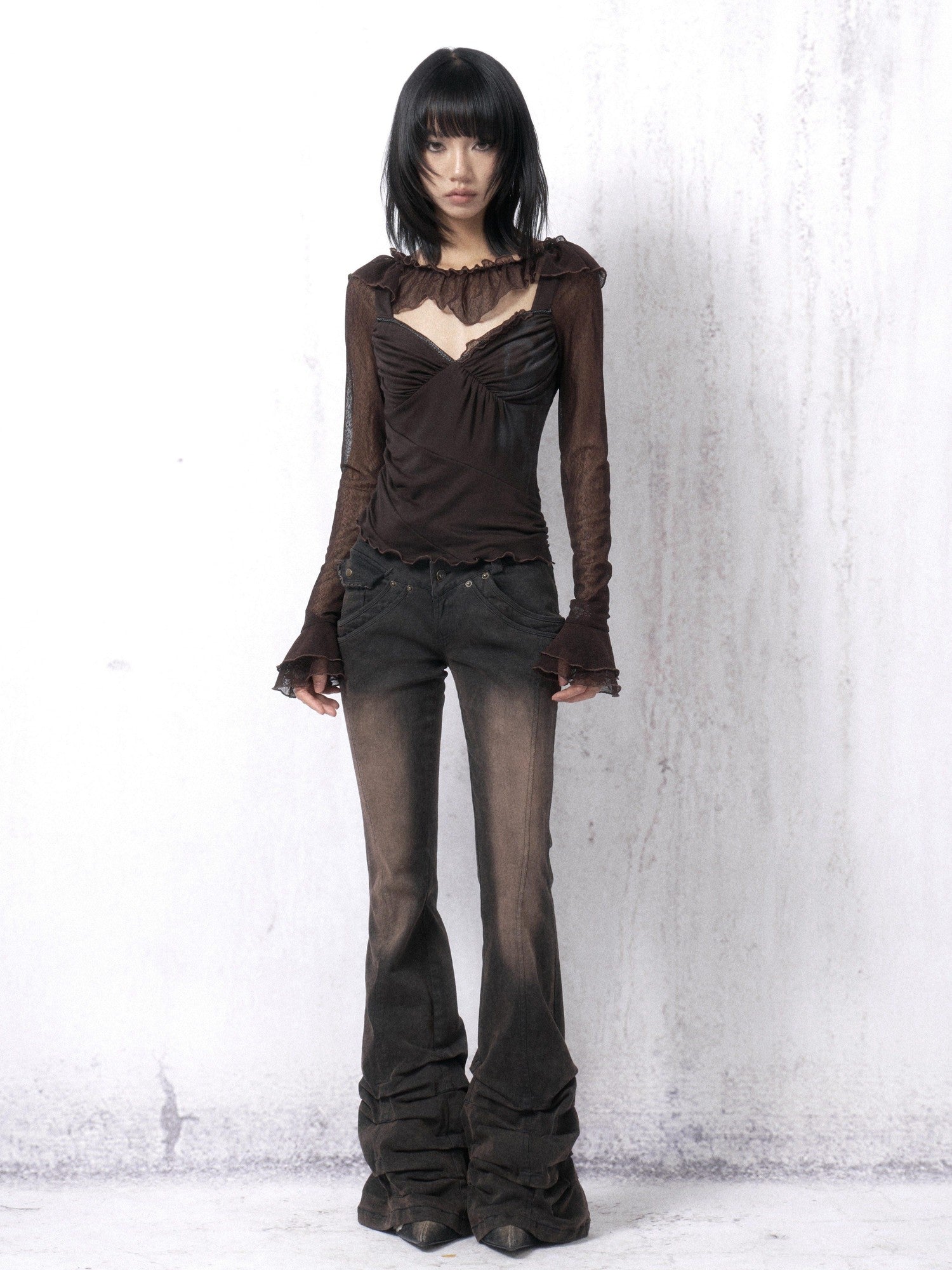 OPEN AESTHETIC Washed Distressed Stacked Pleat Hem Women&
