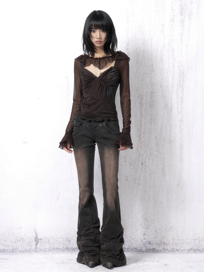 OPEN AESTHETIC Washed Distressed Stacked Pleat Hem Women&