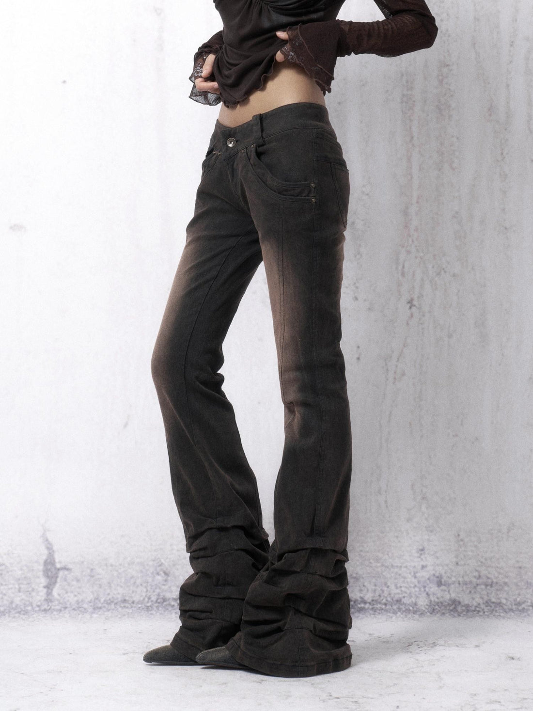 OPEN AESTHETIC Washed Distressed Stacked Pleat Hem Women&
