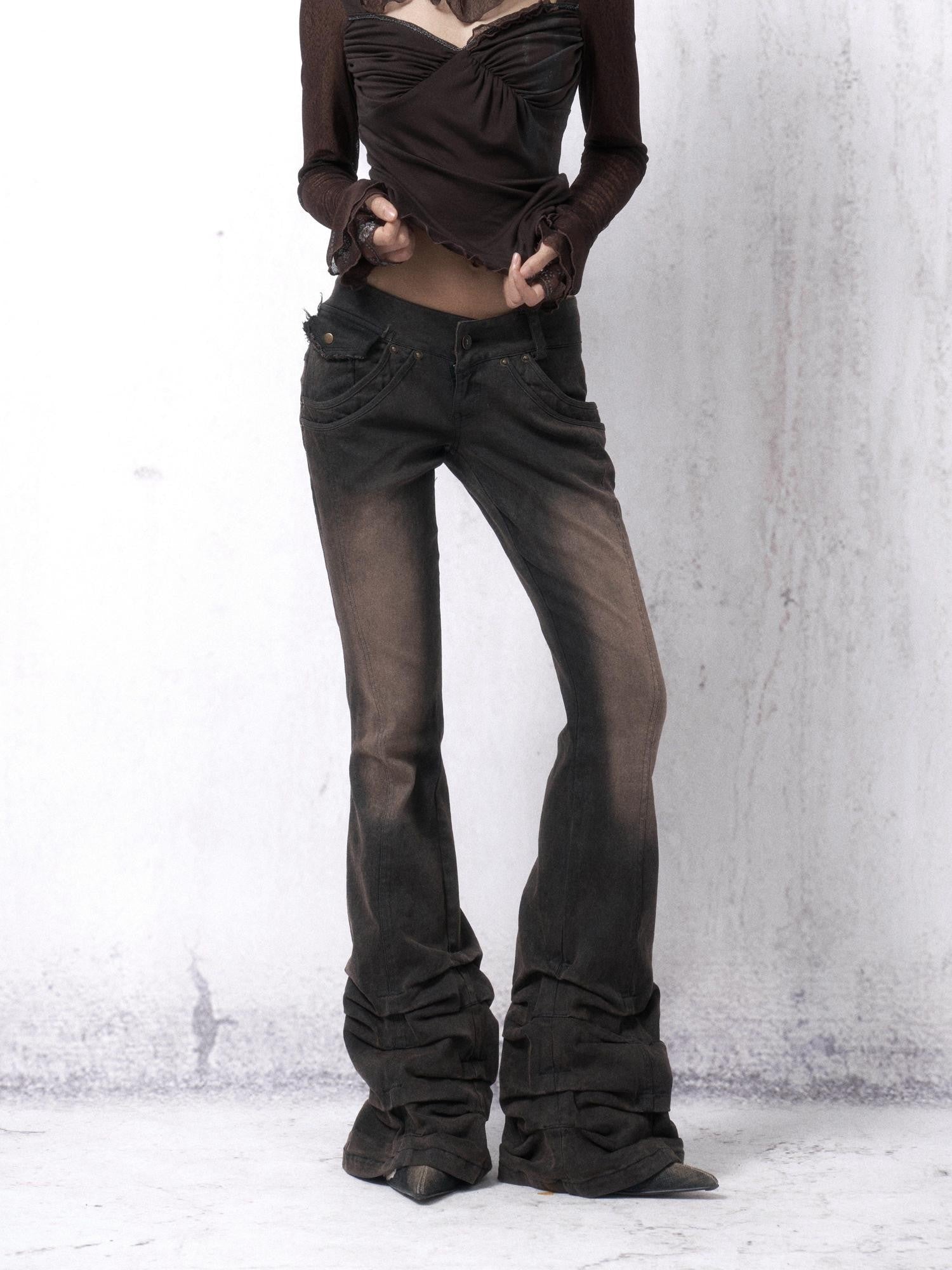 OPEN AESTHETIC Washed Distressed Stacked Pleat Hem Women&
