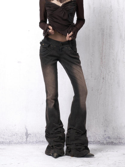 OPEN AESTHETIC Washed Distressed Stacked Pleat Hem Women&