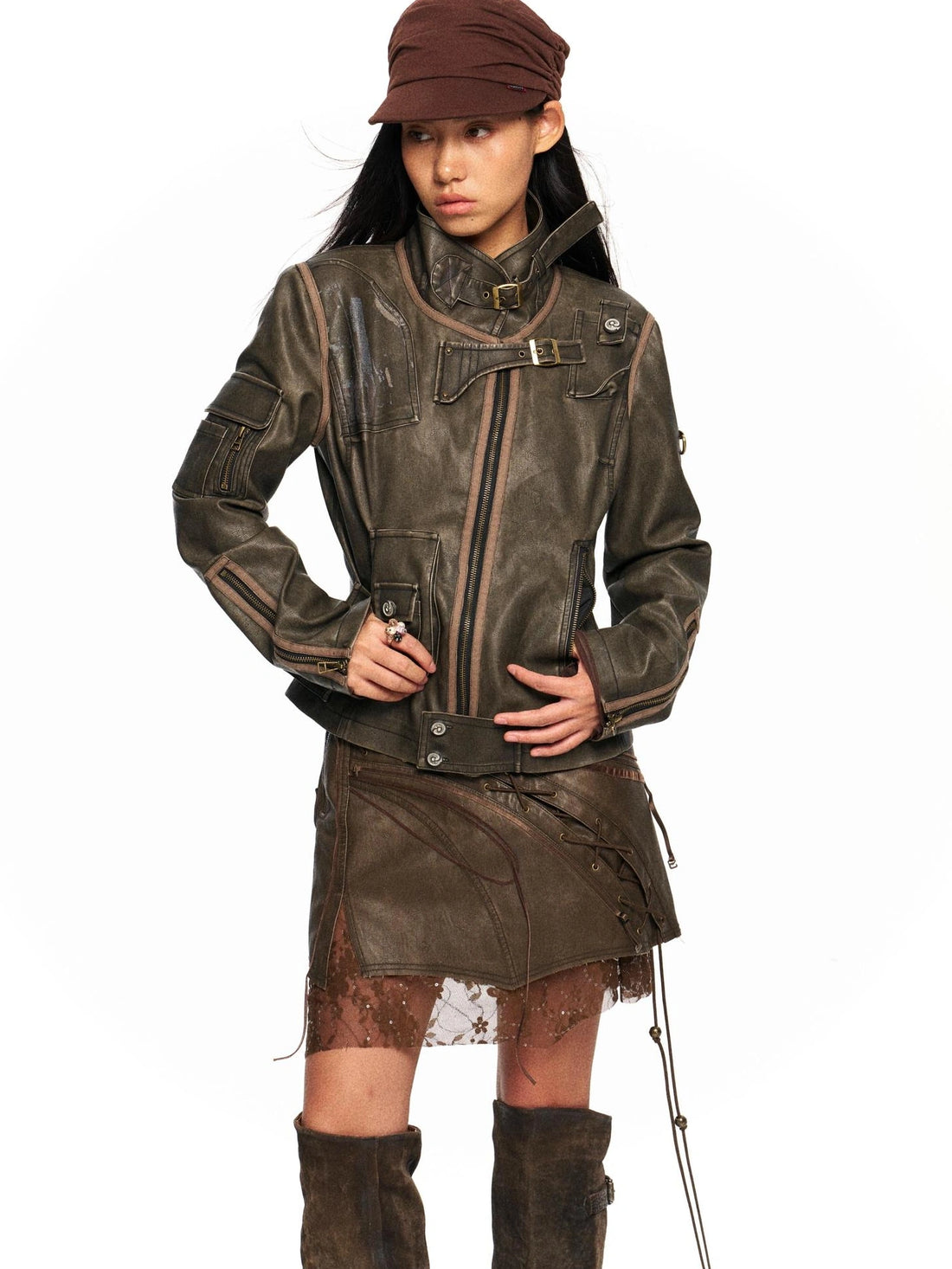 OPEN AESTHETIC Washed Faux Leather Distressed Stand Collar Zip Up Women Slim Fit Biker Jacket