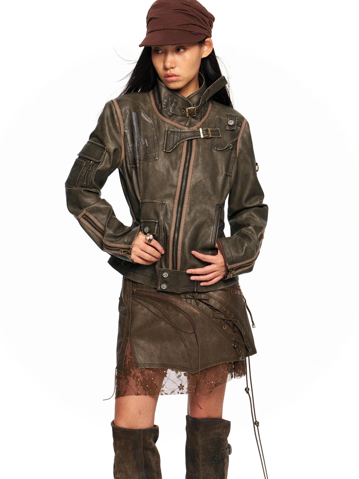 OPEN AESTHETIC Washed Faux Leather Distressed Stand Collar Zip Up Women Slim Fit Biker Jacket