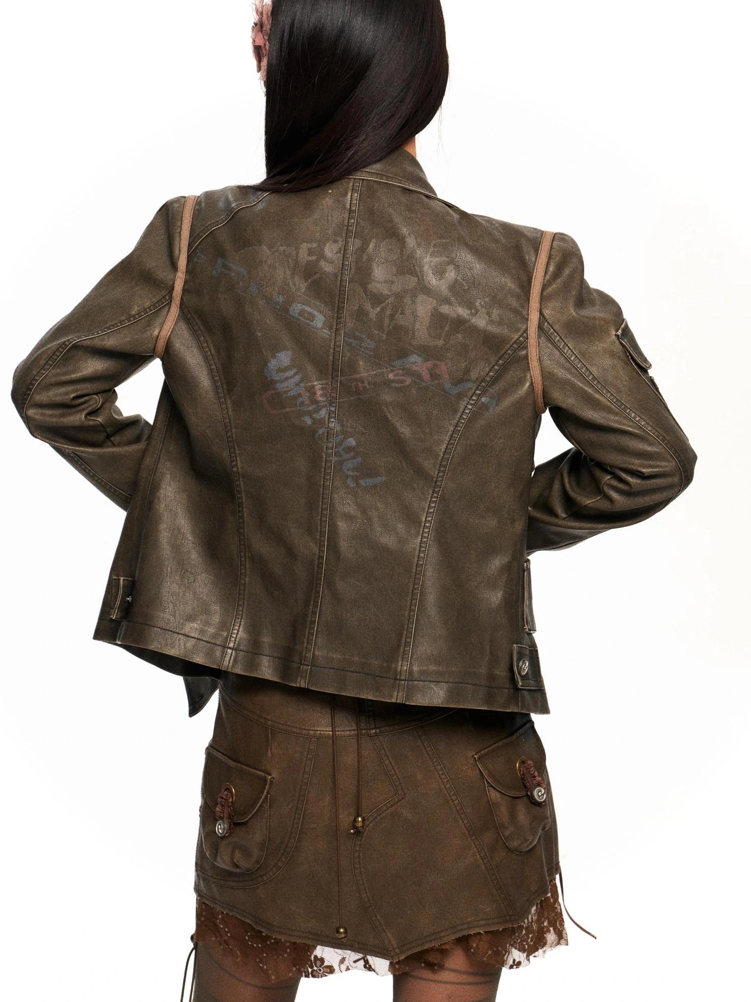 OPEN AESTHETIC Washed Faux Leather Distressed Stand Collar Zip Up Women Slim Fit Biker Jacket