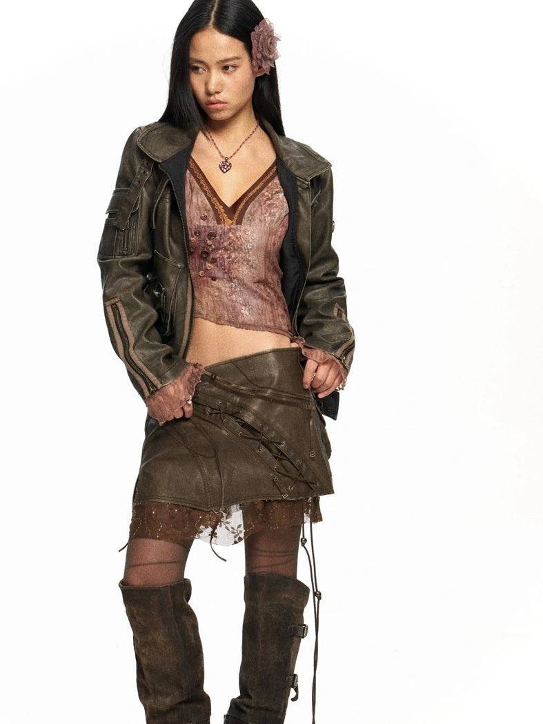 OPEN AESTHETIC Washed Faux Leather Distressed Stand Collar Zip Up Women Slim Fit Biker Jacket