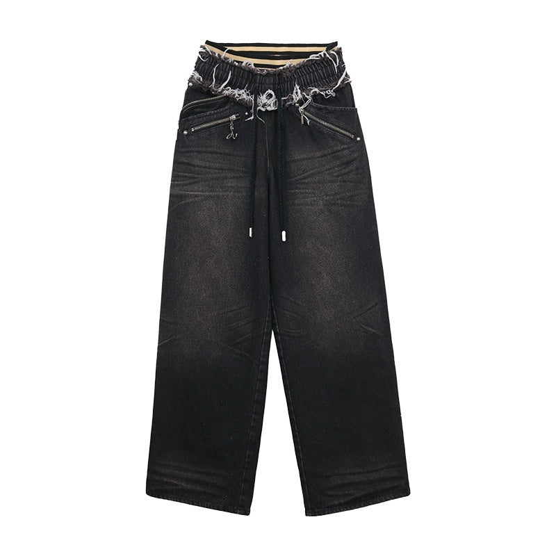OPEN AESTHETIC Washed Frayed Hem Ribbed Splice Elastic Waist Women&