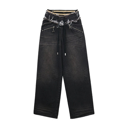 OPEN AESTHETIC Washed Frayed Hem Ribbed Splice Elastic Waist Women&