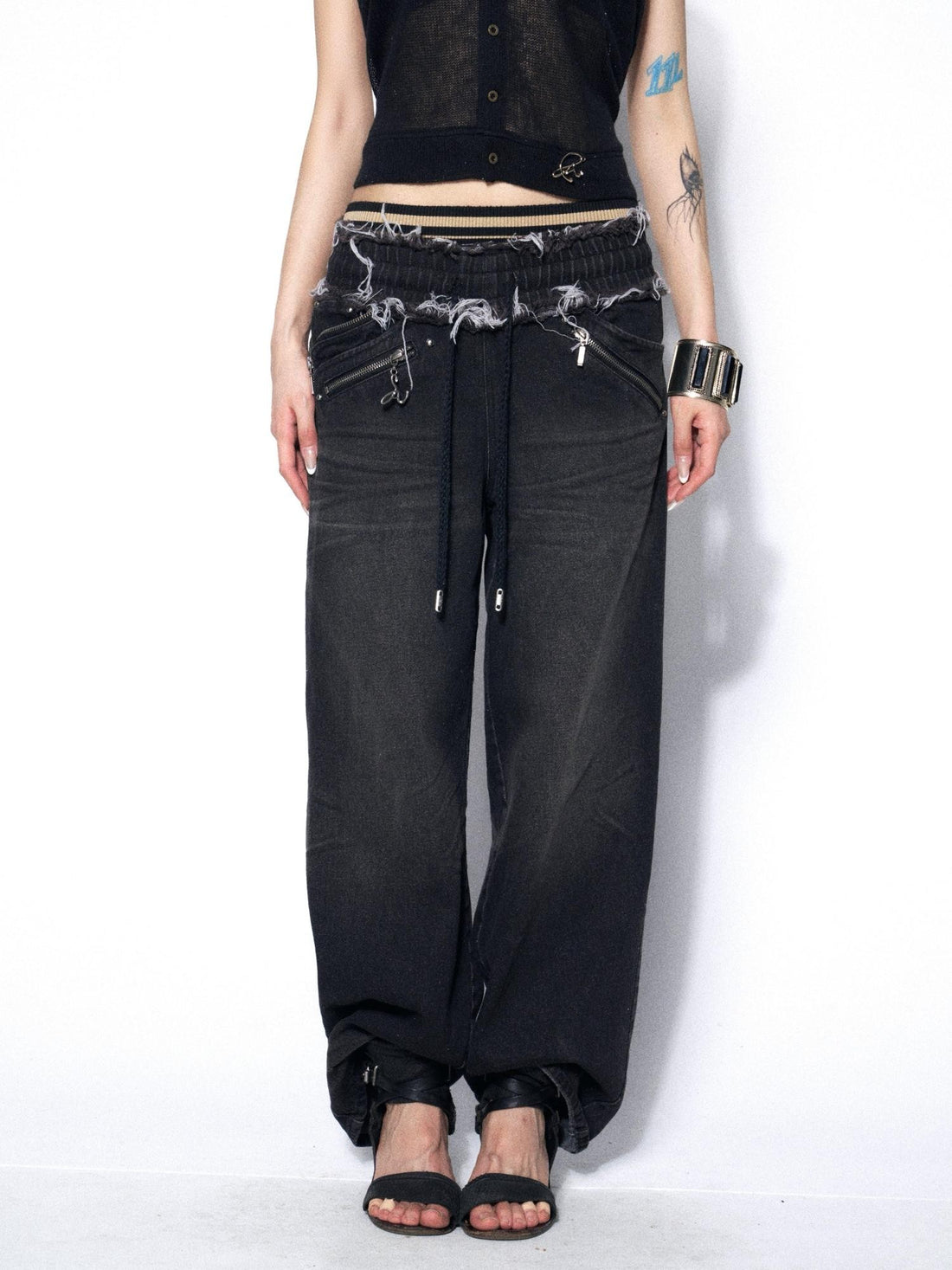 OPEN AESTHETIC Washed Frayed Hem Ribbed Splice Elastic Waist Women&