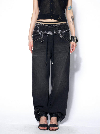 OPEN AESTHETIC Washed Frayed Hem Ribbed Splice Elastic Waist Women&
