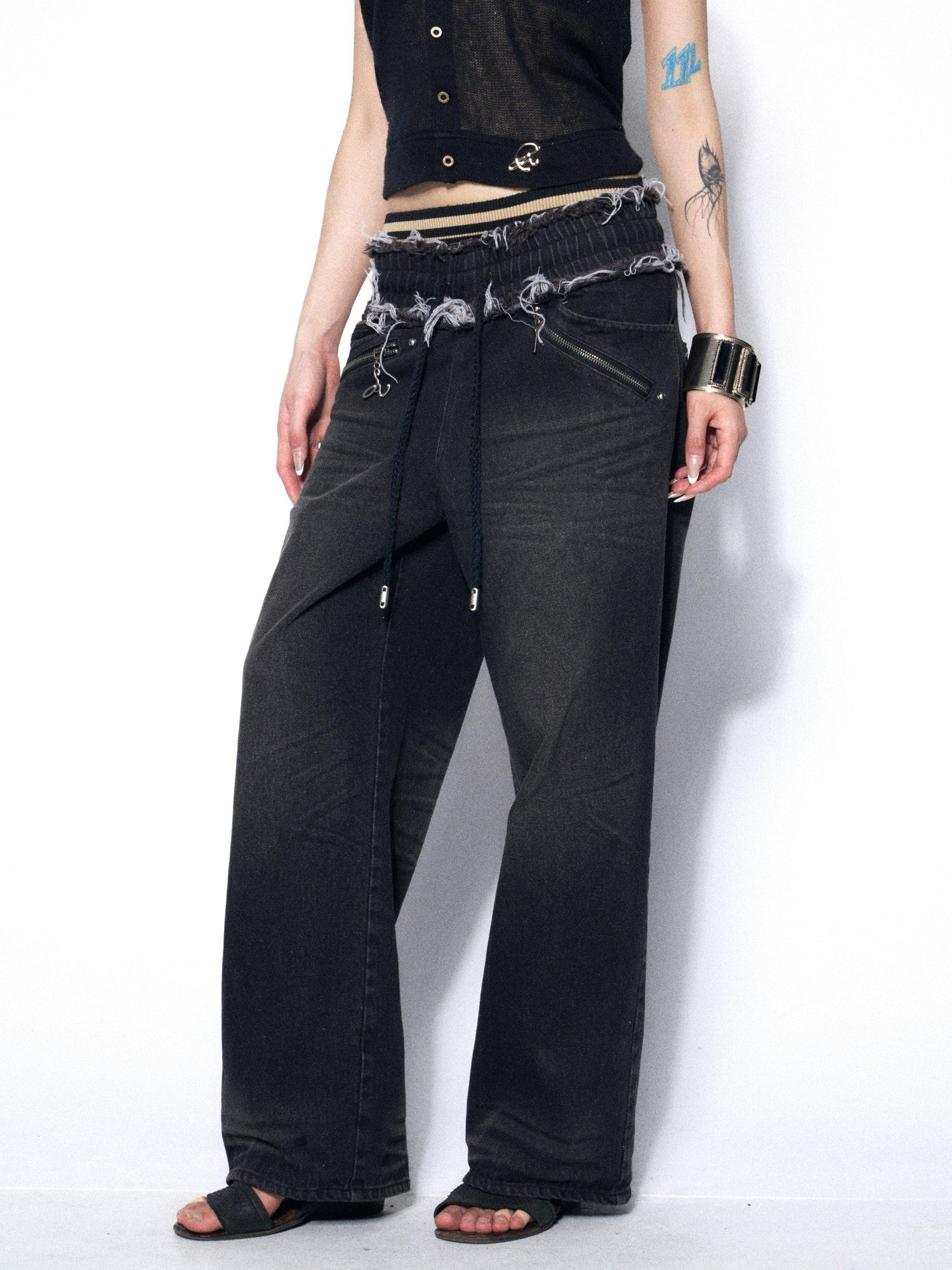 OPEN AESTHETIC Washed Frayed Hem Ribbed Splice Elastic Waist Women&
