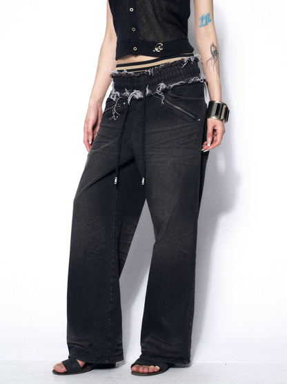 OPEN AESTHETIC Washed Frayed Hem Ribbed Splice Elastic Waist Women&