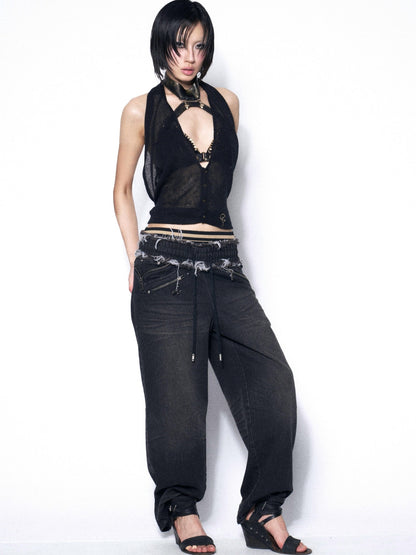 OPEN AESTHETIC Washed Frayed Hem Ribbed Splice Elastic Waist Women&