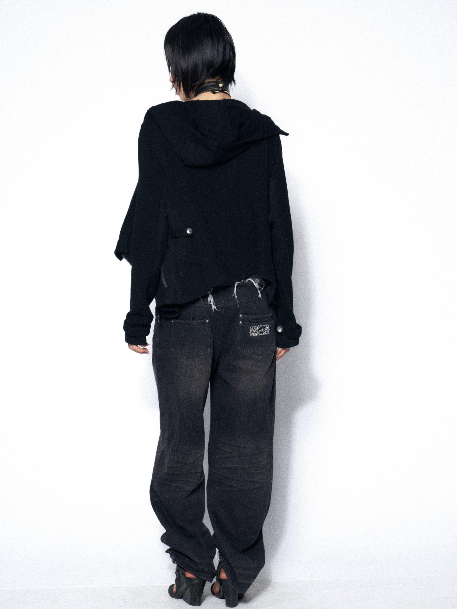 OPEN AESTHETIC Washed Frayed Hem Ribbed Splice Elastic Waist Women&