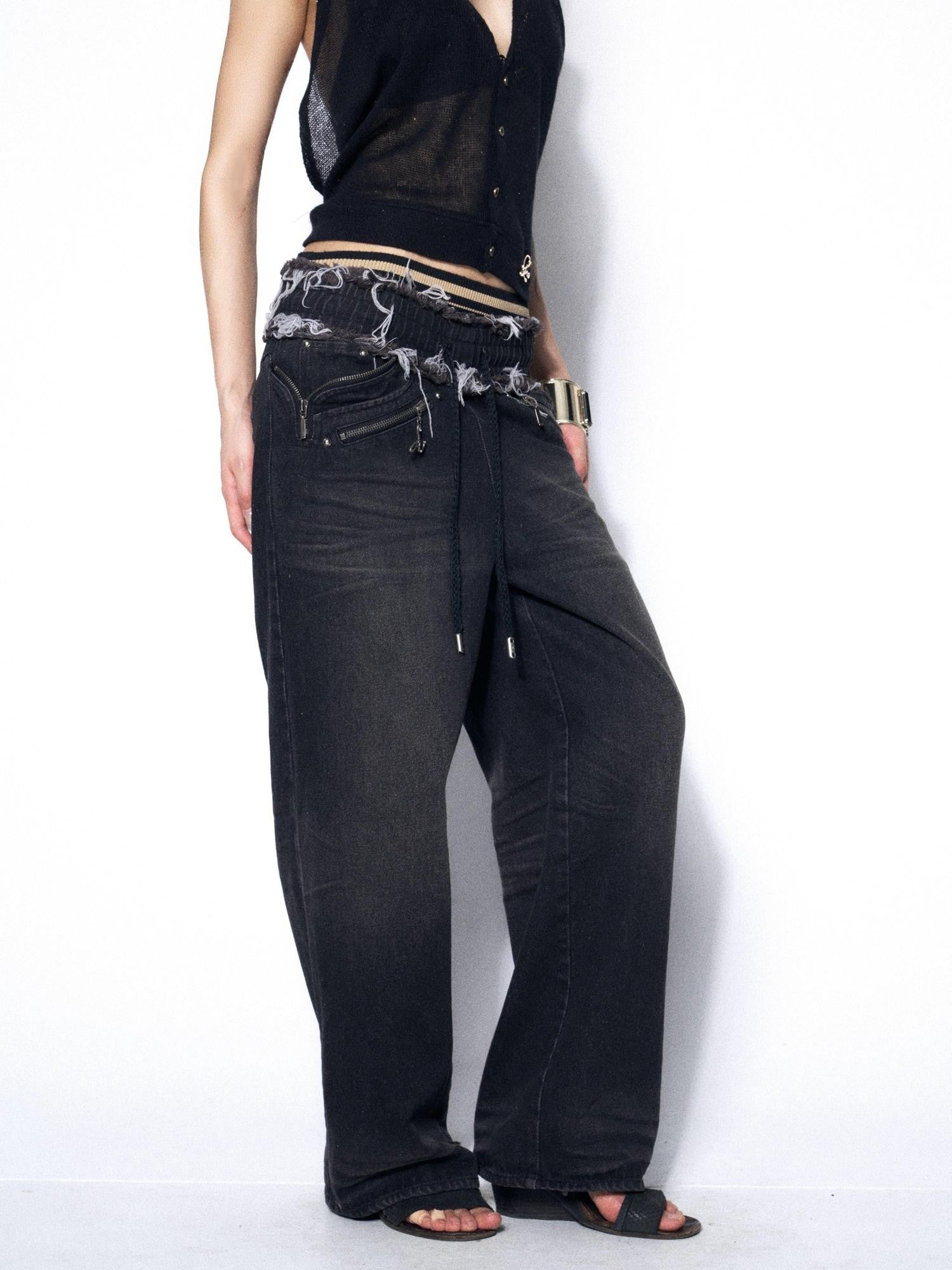 OPEN AESTHETIC Washed Frayed Hem Ribbed Splice Elastic Waist Women&