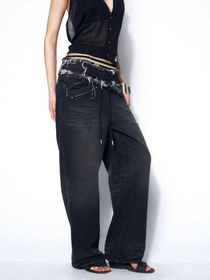 OPEN AESTHETIC Washed Frayed Hem Ribbed Splice Elastic Waist Women&