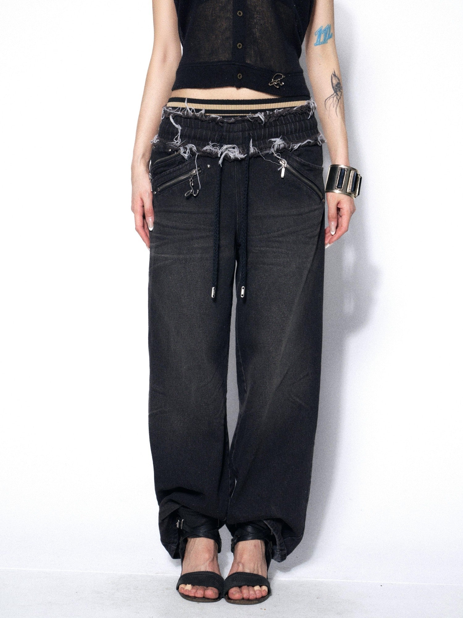 OPEN AESTHETIC Washed Frayed Hem Ribbed Splice Elastic Waist Women&