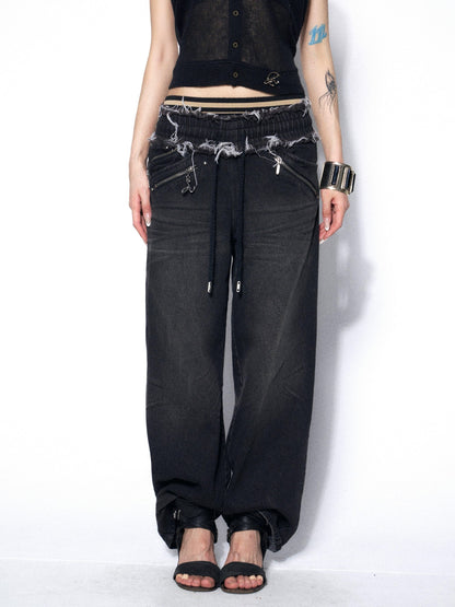 OPEN AESTHETIC Washed Frayed Hem Ribbed Splice Elastic Waist Women&
