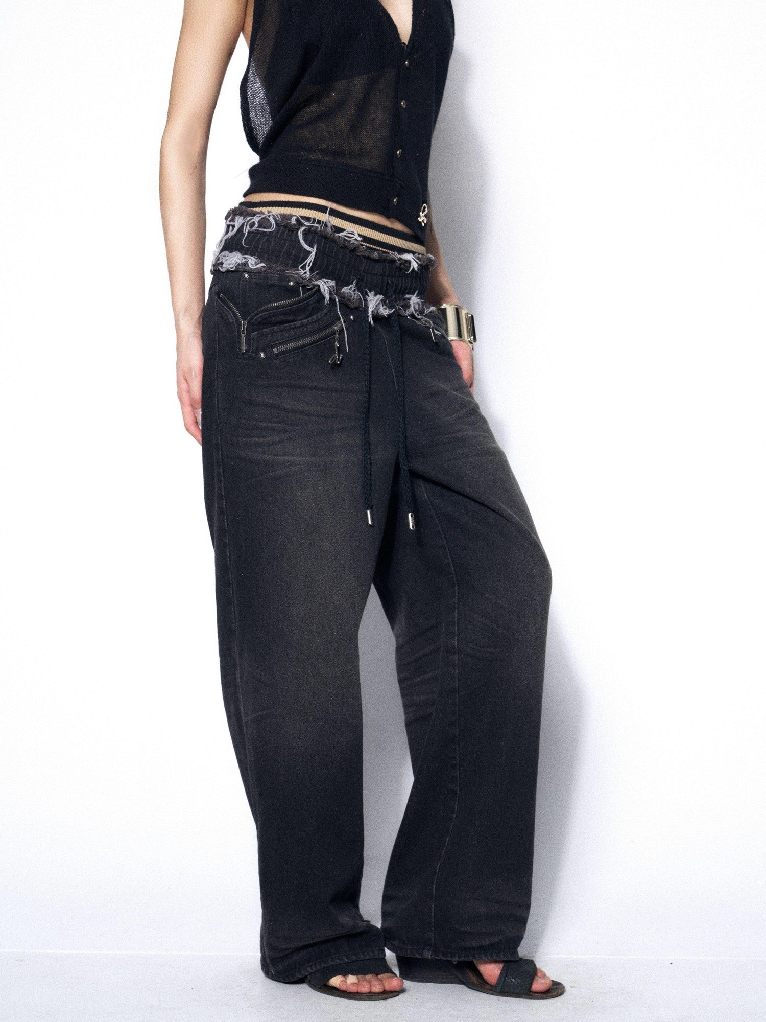 OPEN AESTHETIC Washed Frayed Hem Ribbed Splice Elastic Waist Women&
