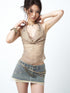 OPEN AESTHETIC Washed Lace Patchwork Frayed Hem Low Waist Women&