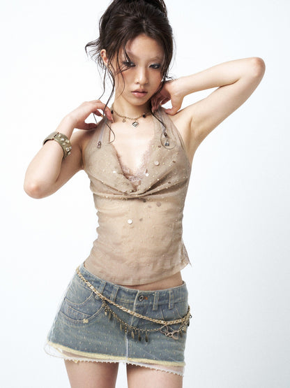 OPEN AESTHETIC Washed Lace Patchwork Frayed Hem Low Waist Women&