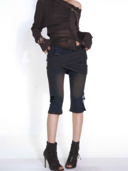 OPEN_AESTHETIC_Washed_Low_Rise_Knit_Cross_Panel_Metal_Buckle_Women&