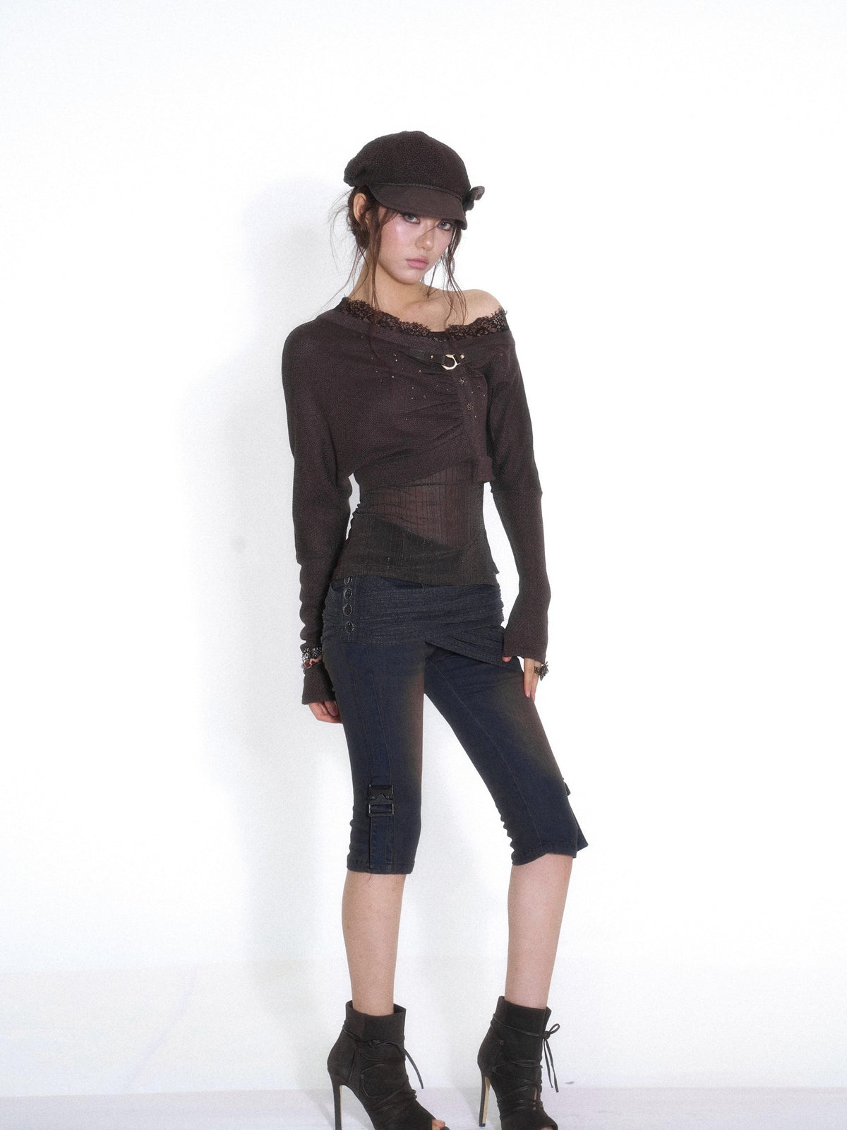 OPEN AESTHETIC Washed Low Rise Knit Cross Panel Metal Buckle Women&