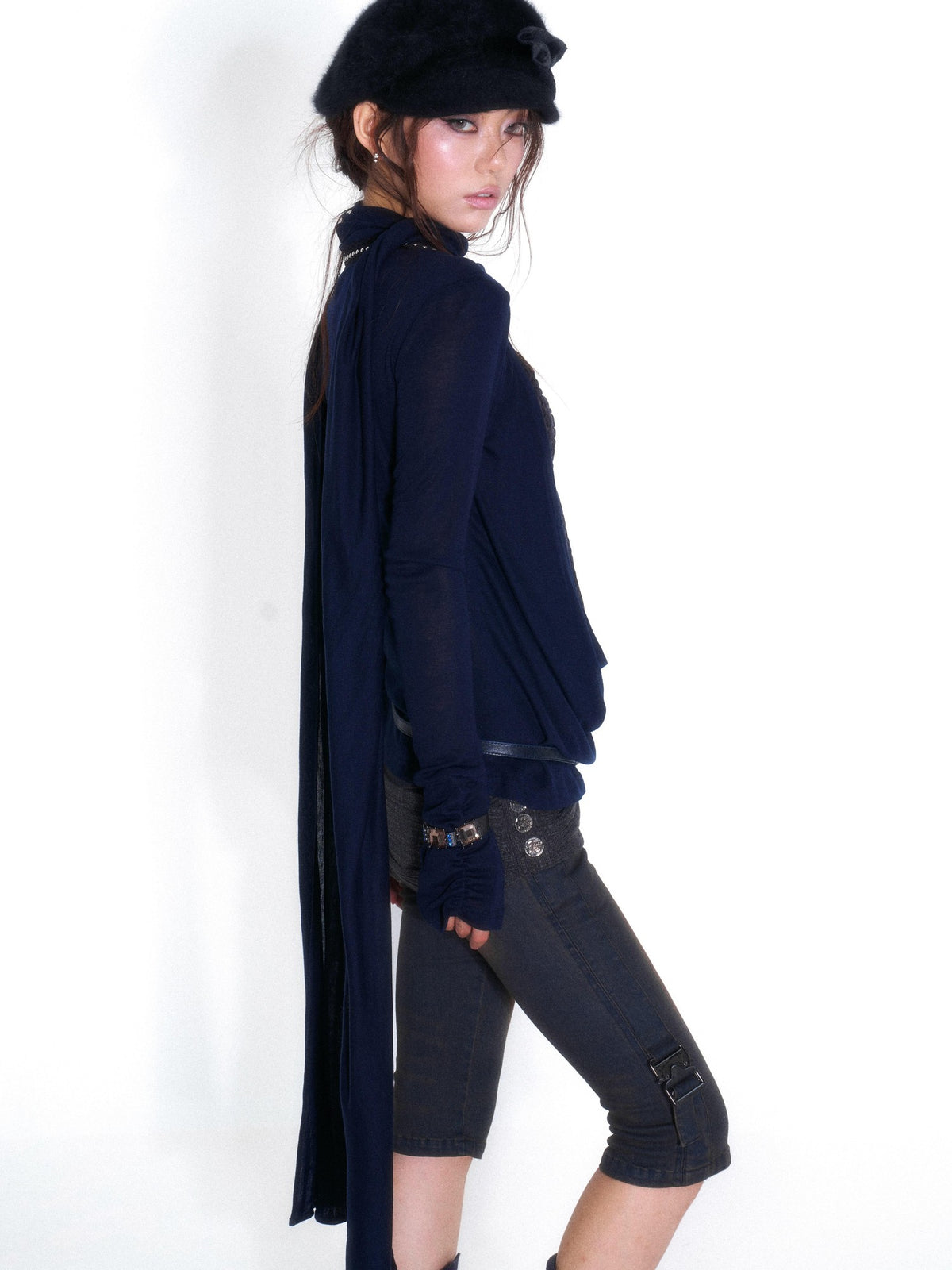 OPEN AESTHETIC Washed Low Rise Knit Cross Panel Metal Buckle Women&