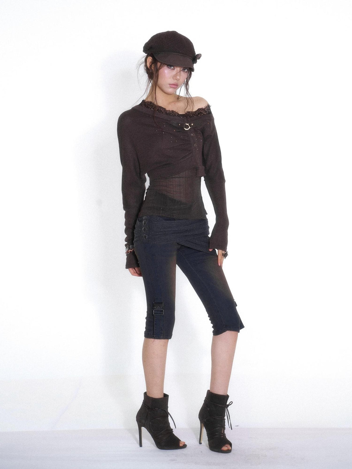 OPEN AESTHETIC Washed Low Rise Knit Cross Panel Metal Buckle Women&