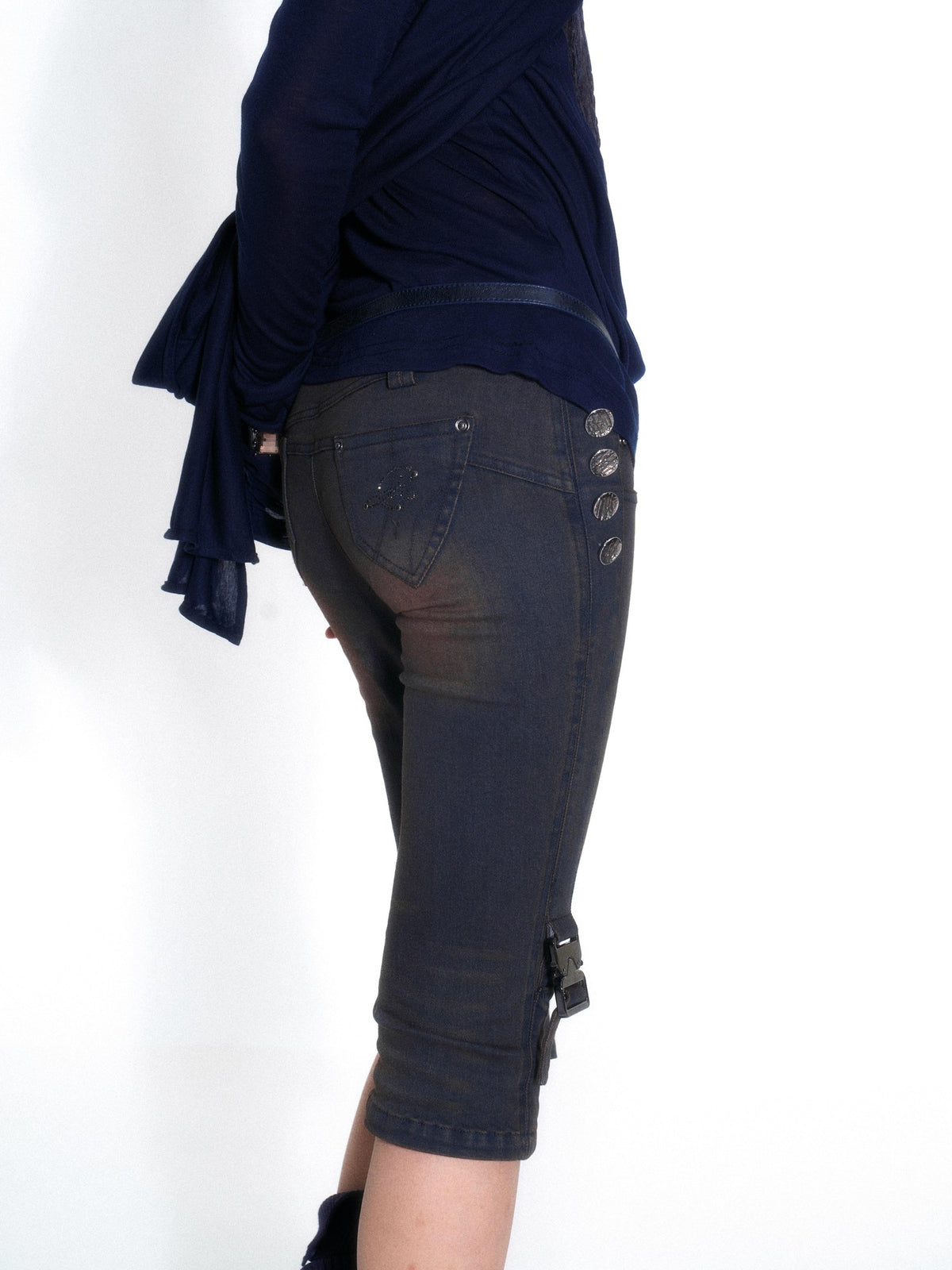 OPEN AESTHETIC Washed Low Rise Knit Cross Panel Metal Buckle Women&