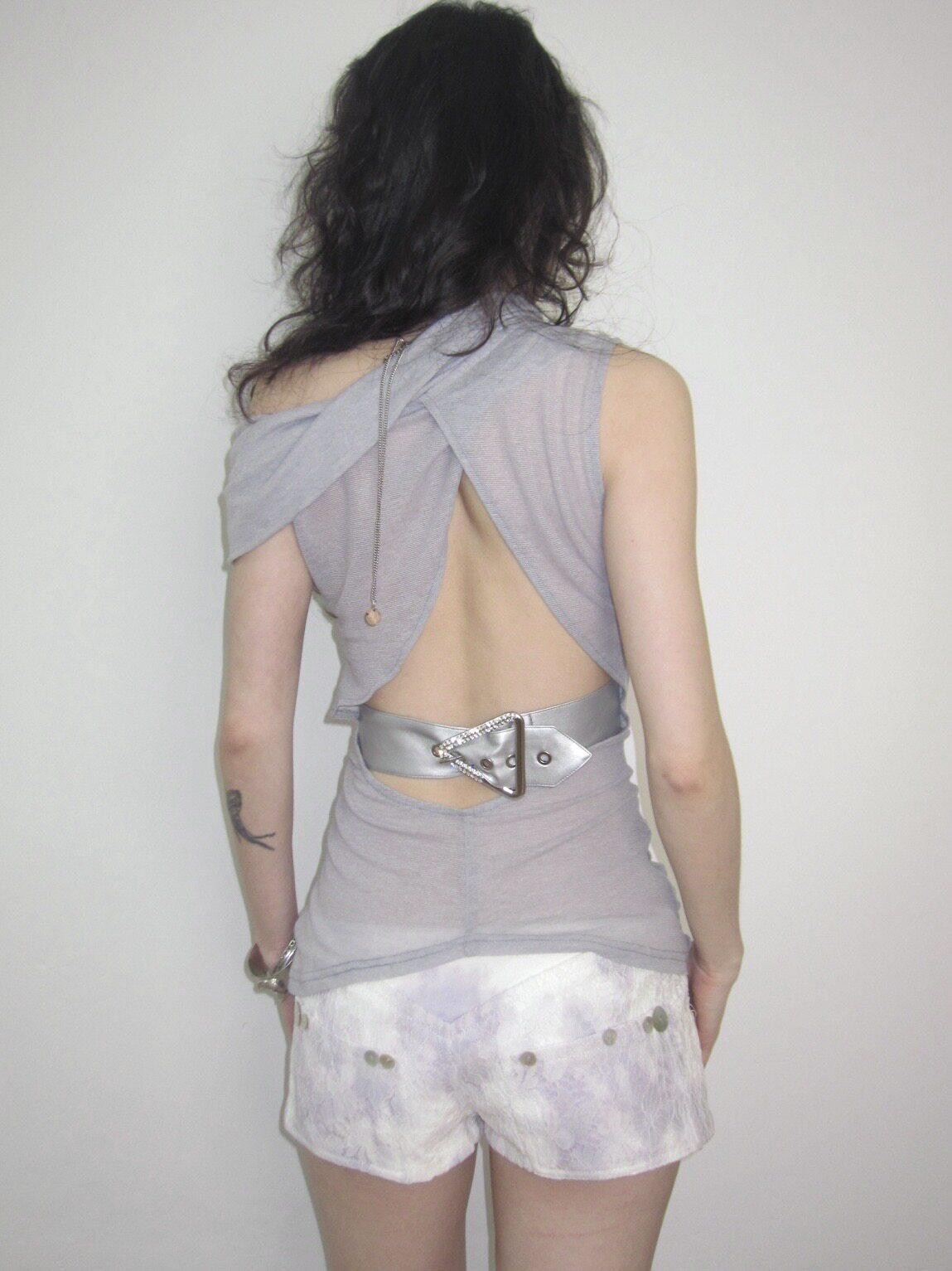 OPEN AESTHETIC White Purple Hand Dyed Lace Shell Button Low Rise Women&