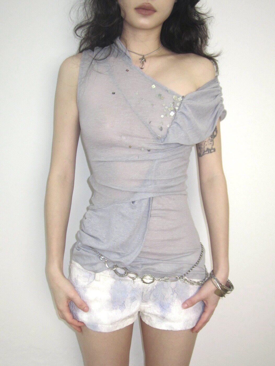 OPEN AESTHETIC White Purple Hand Dyed Lace Shell Button Low Rise Women&