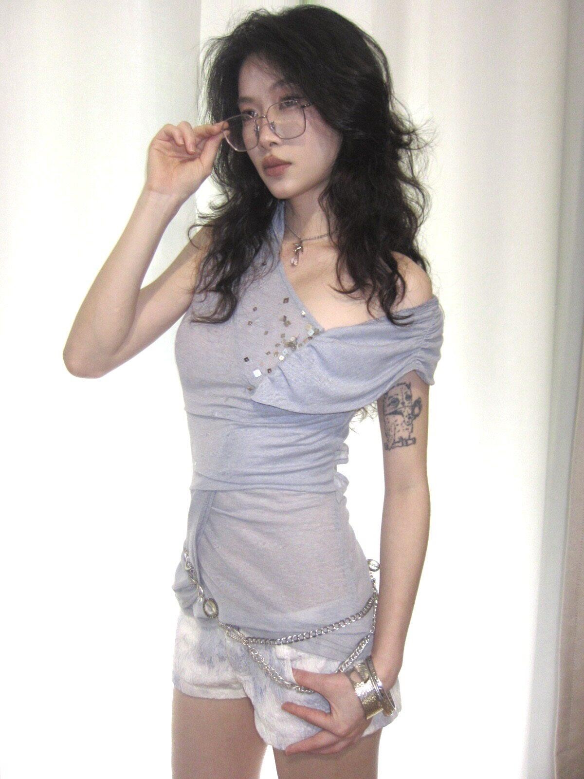 OPEN AESTHETIC White Purple Hand Dyed Lace Shell Button Low Rise Women&