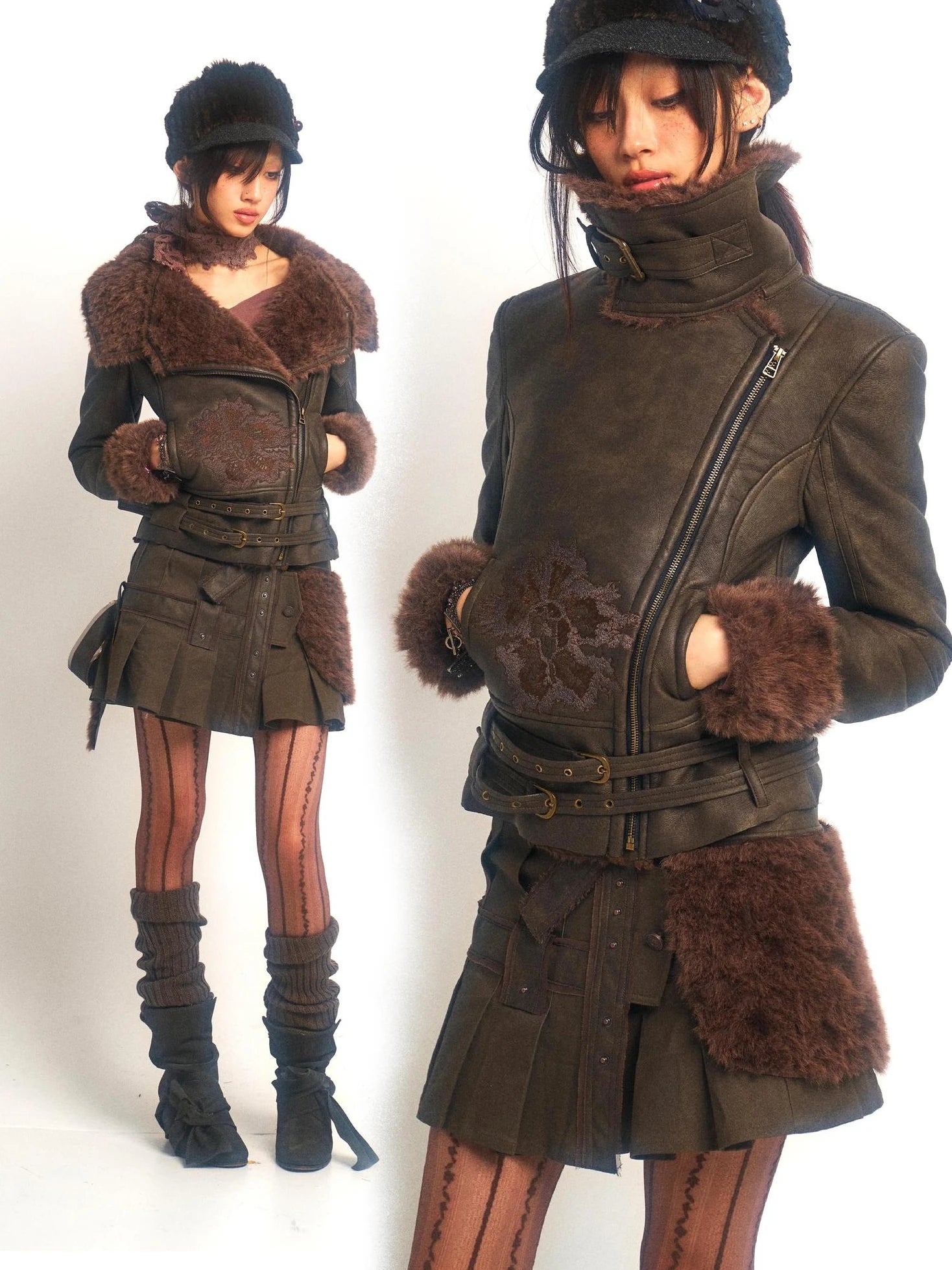 OPEN AESTHETIC Windproof Faux Fur Embroidered Slim Fit Cropped Zip Up Women Brown Jacket