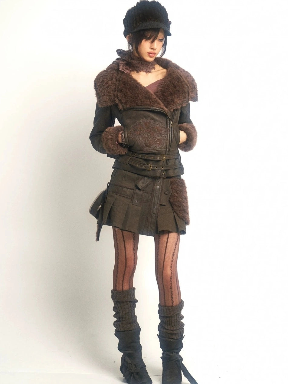 OPEN AESTHETIC Windproof Faux Fur Embroidered Slim Fit Cropped Zip Up Women Brown Jacket