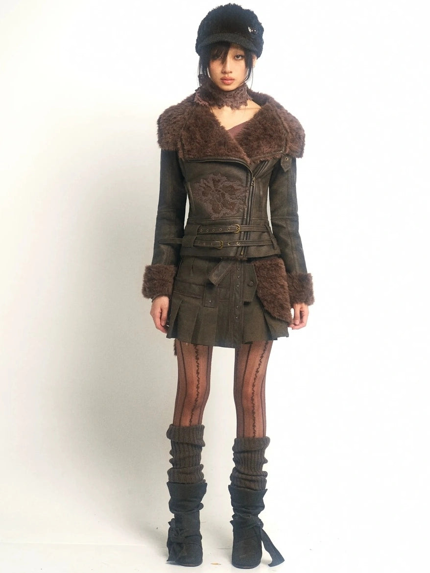 OPEN AESTHETIC Windproof Faux Fur Embroidered Slim Fit Cropped Zip Up Women Brown Jacket