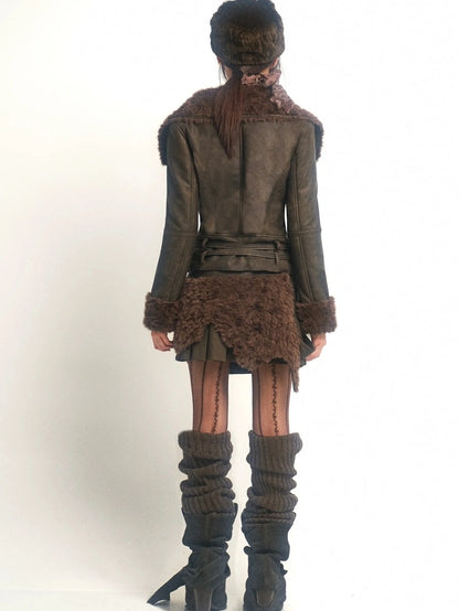 OPEN AESTHETIC Windproof Faux Fur Embroidered Slim Fit Cropped Zip Up Women Brown Jacket