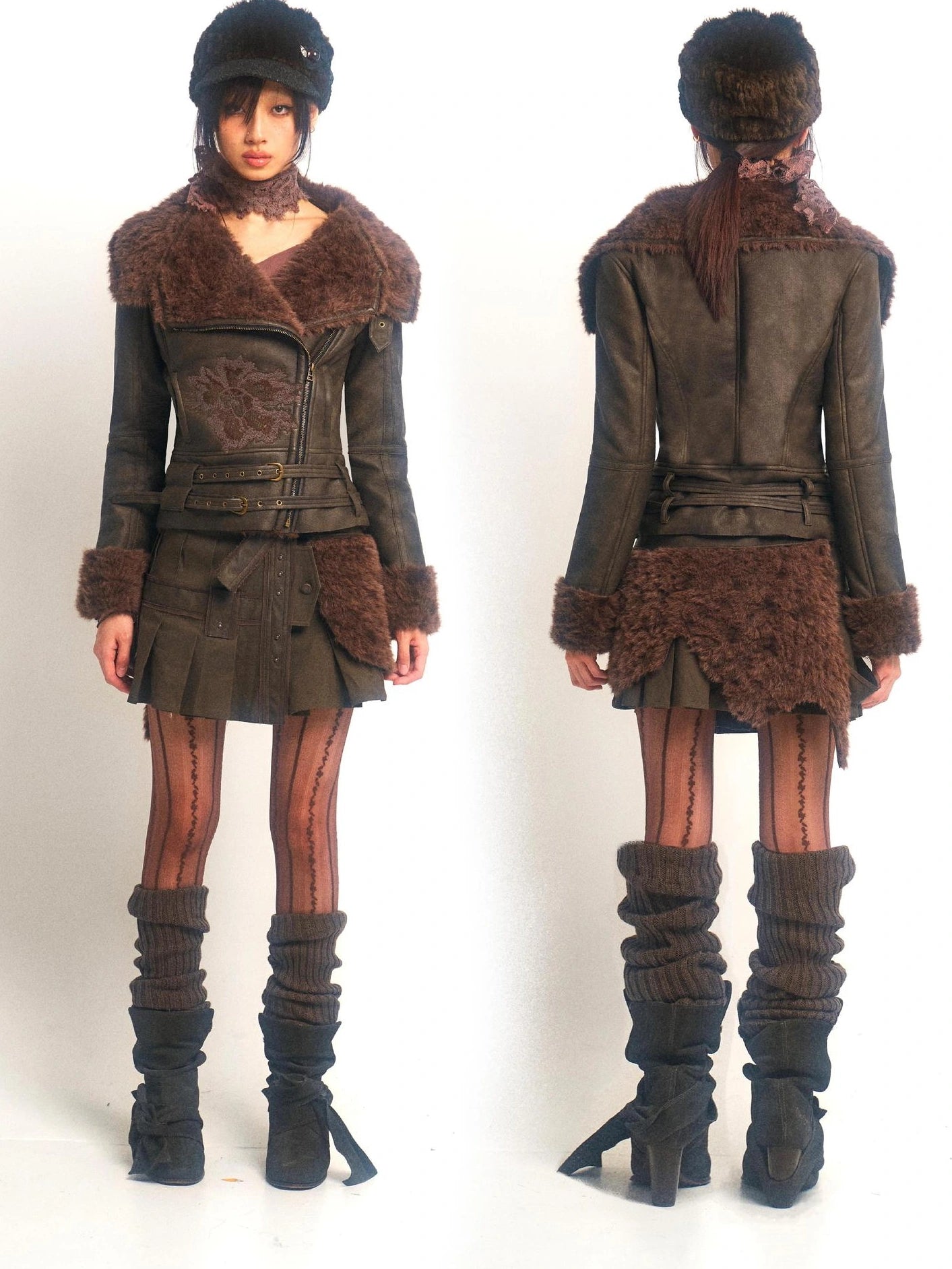 OPEN AESTHETIC Windproof Faux Fur Embroidered Slim Fit Cropped Zip Up Women Brown Jacket