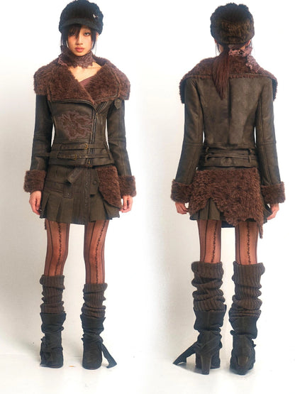 OPEN AESTHETIC Windproof Faux Fur Embroidered Slim Fit Cropped Zip Up Women Brown Jacket