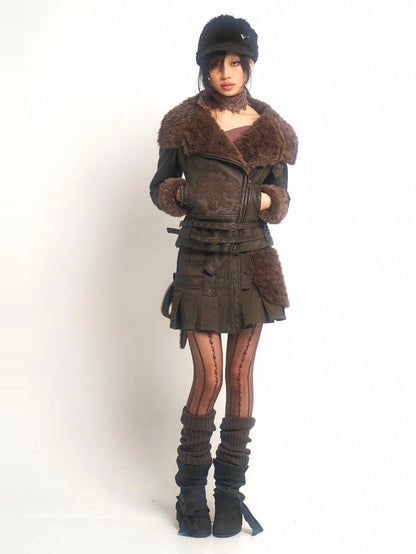 OPEN AESTHETIC Windproof Faux Fur Embroidered Slim Fit Cropped Zip Up Women Brown Jacket