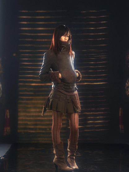 OPEN AESTHETIC Windproof Faux Fur Embroidered Slim Fit Cropped Zip Up Women Brown Jacket